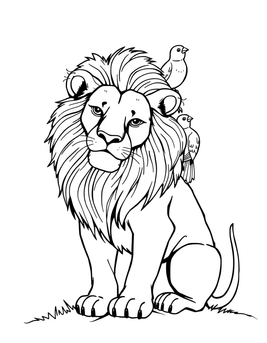 A lion with birds perched on its back.