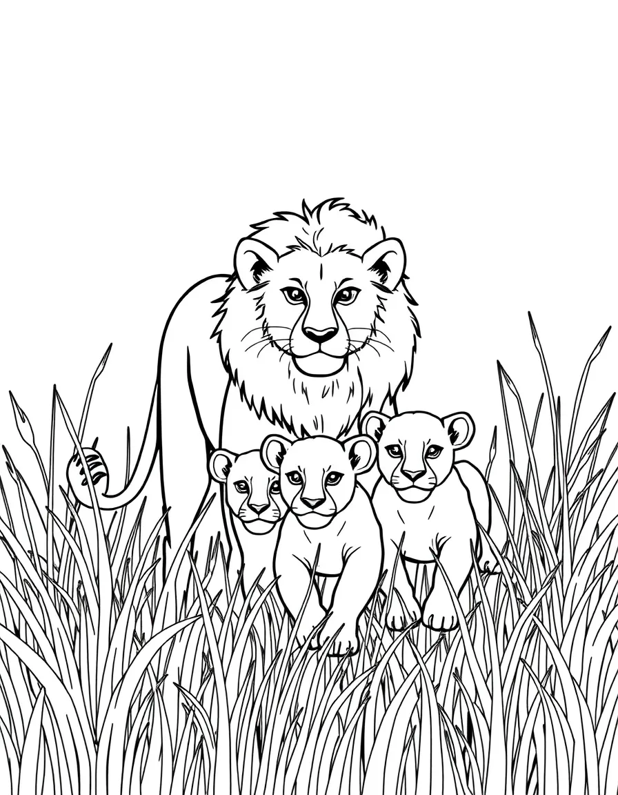 A lioness leading her cubs through tall grass.