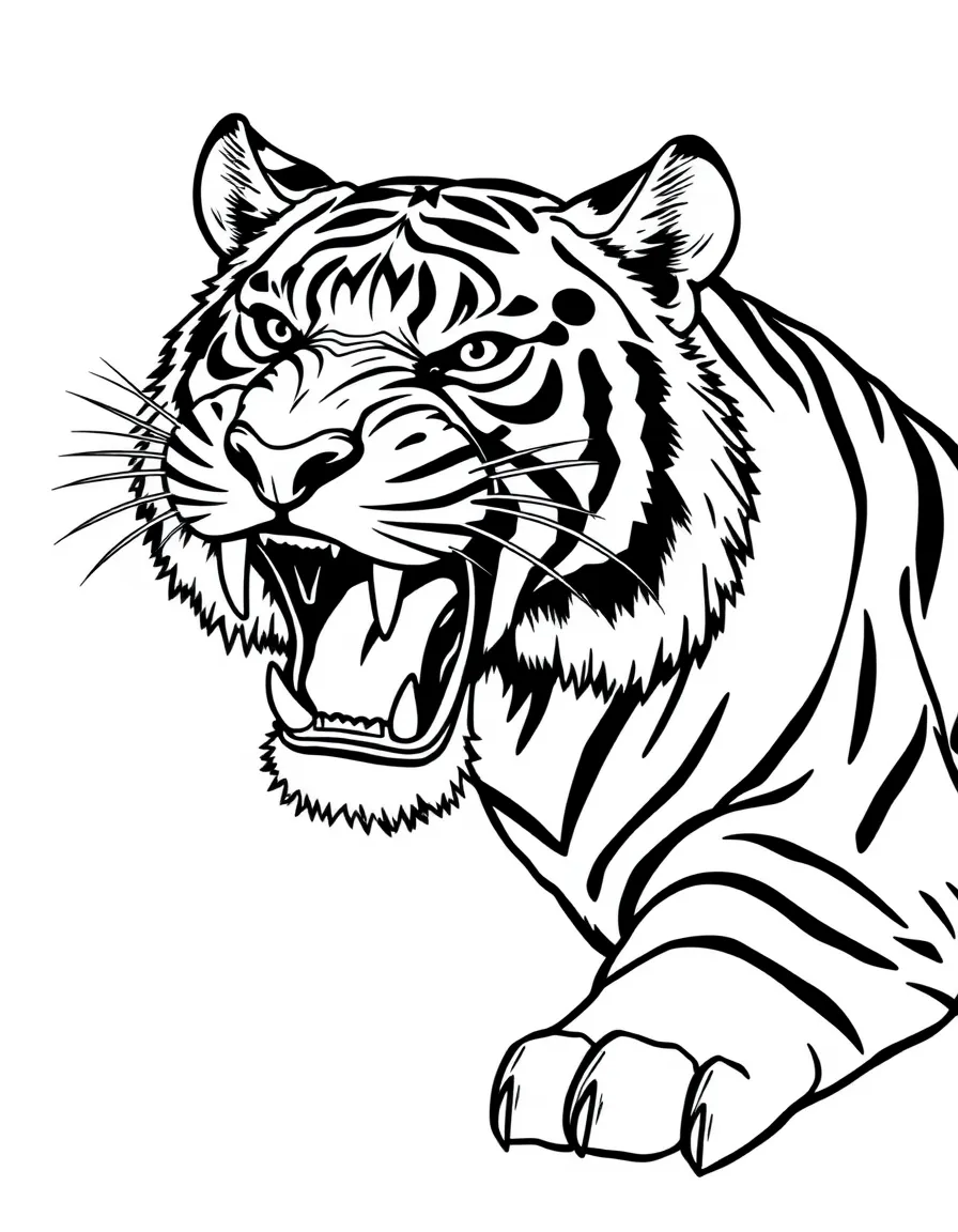 A roaring tiger with detailed stripes.