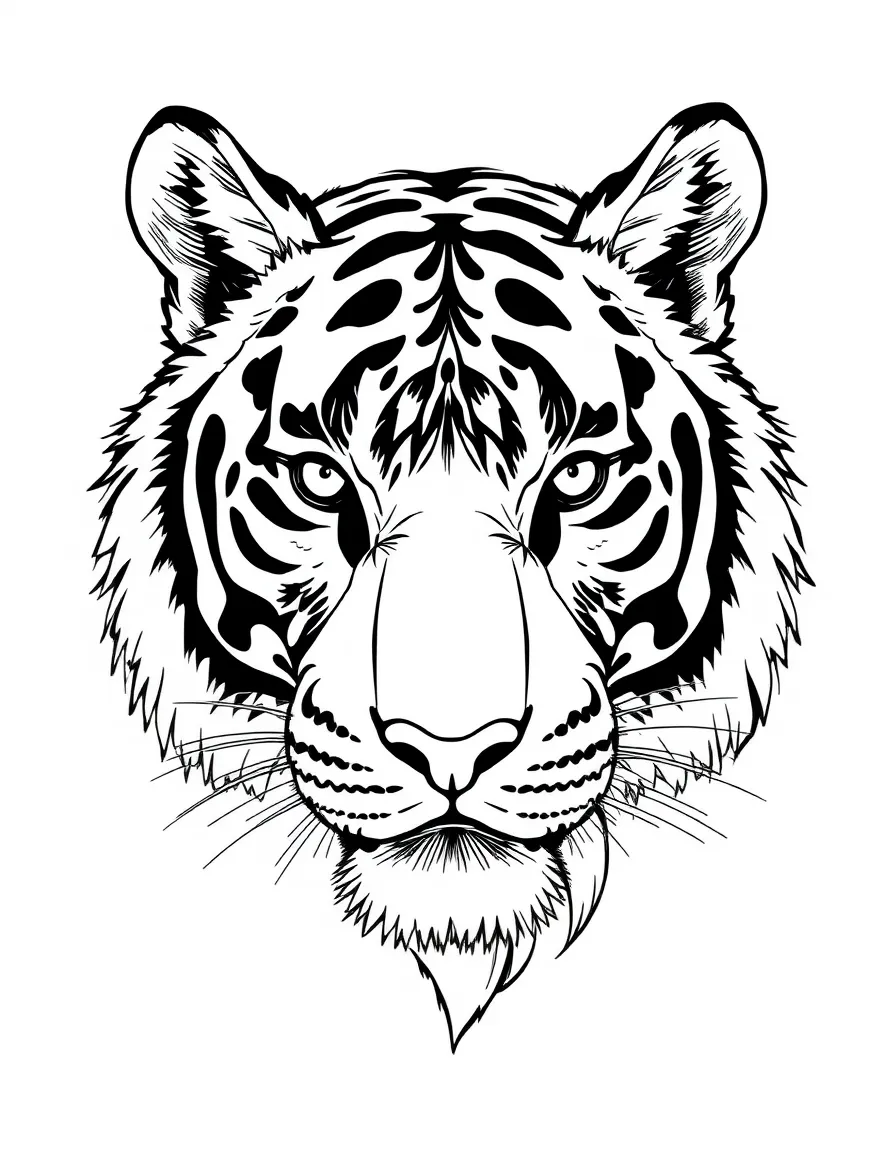 A tiger’s face with intricate details in its fur.
