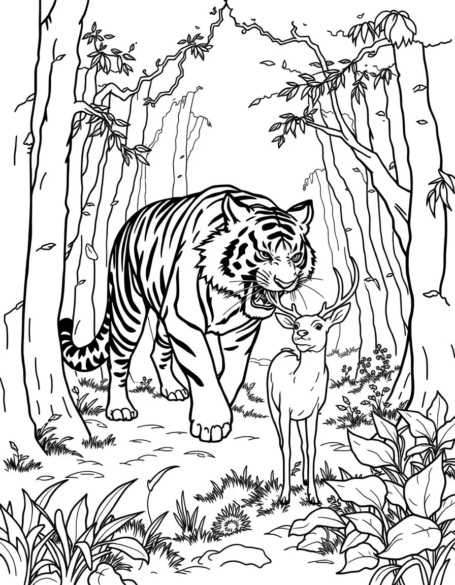 A tiger hunting a deer in the forest.