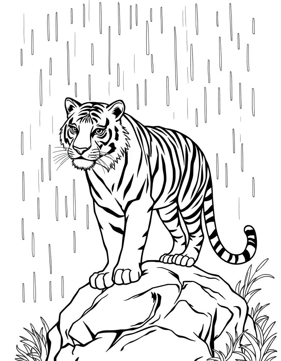 A tiger standing on a rock in the rain.