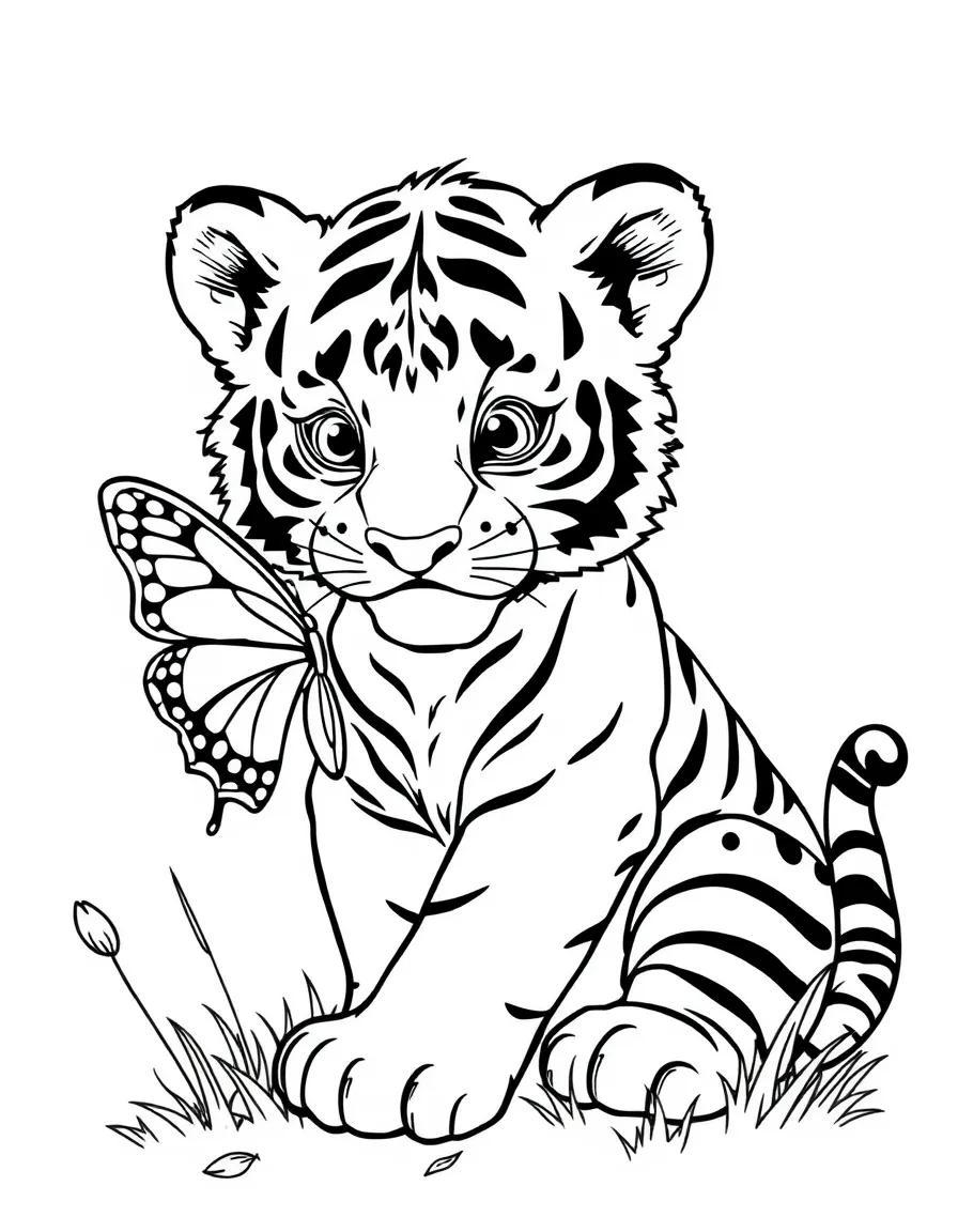 A tiger cub playing with a butterfly.