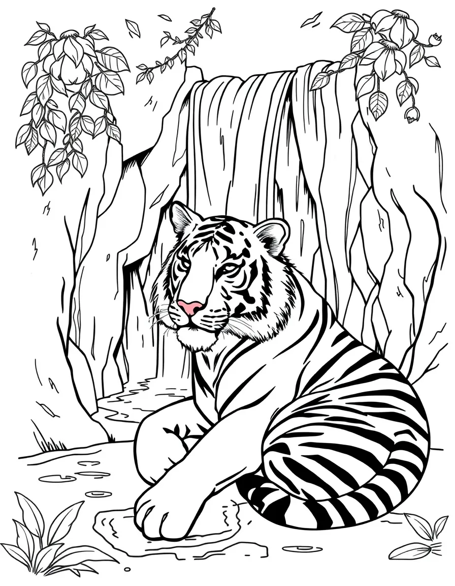 A tiger resting under a waterfall.