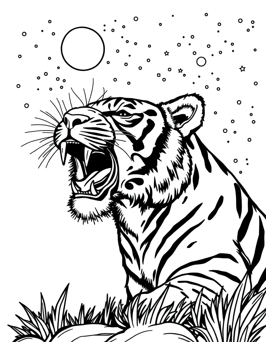 A tiger roaring at the night sky.