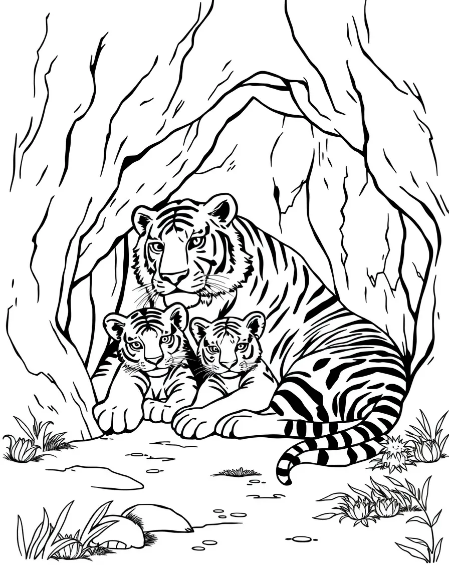 A tiger family resting in a cave.