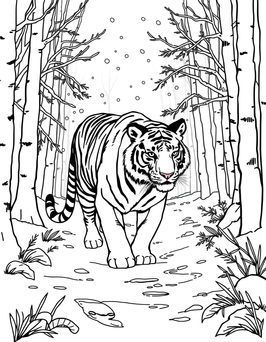 A tiger walking through a snowy forest.