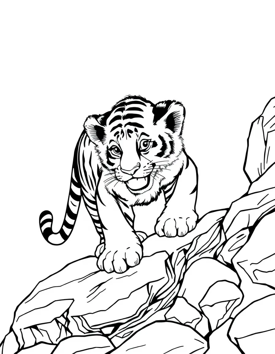 A tiger cub exploring a rocky terrain.