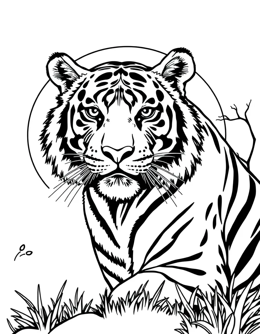 A tiger with a detailed sunset background.