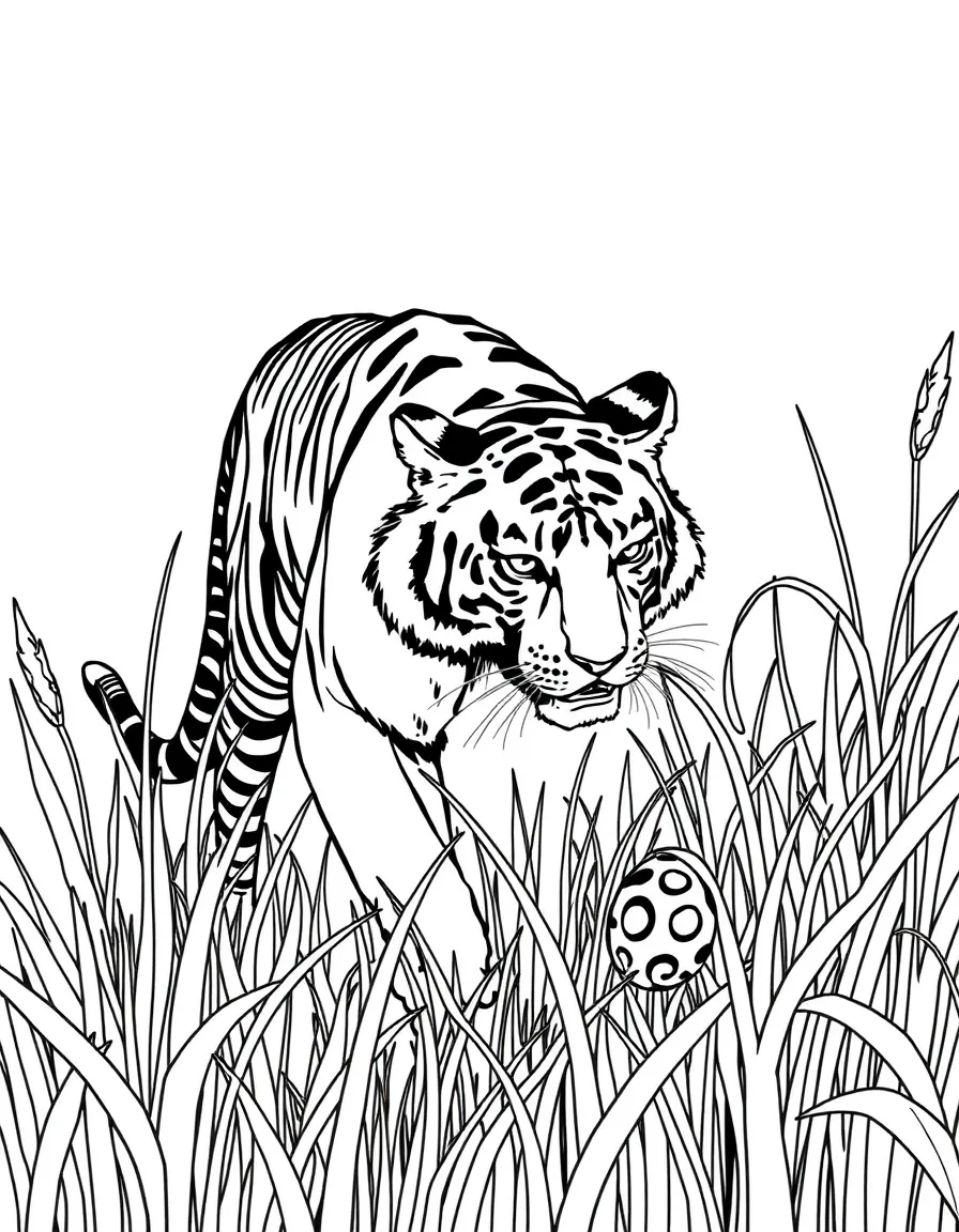 A tiger stalking prey in tall grass.