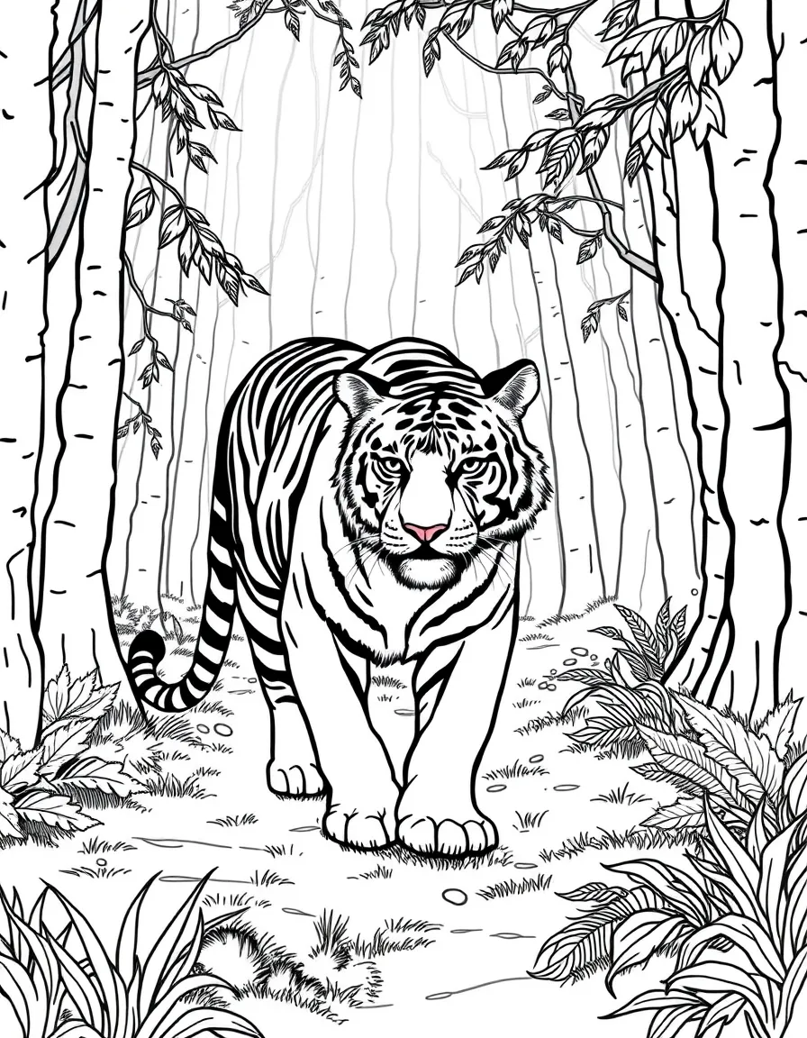 A tiger walking through a misty forest.
