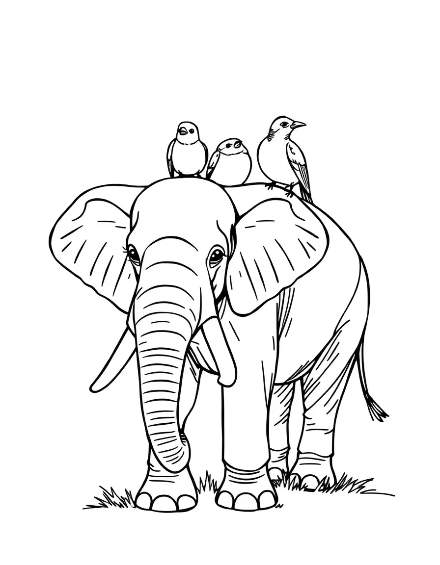 An elephant with birds perched on its back.