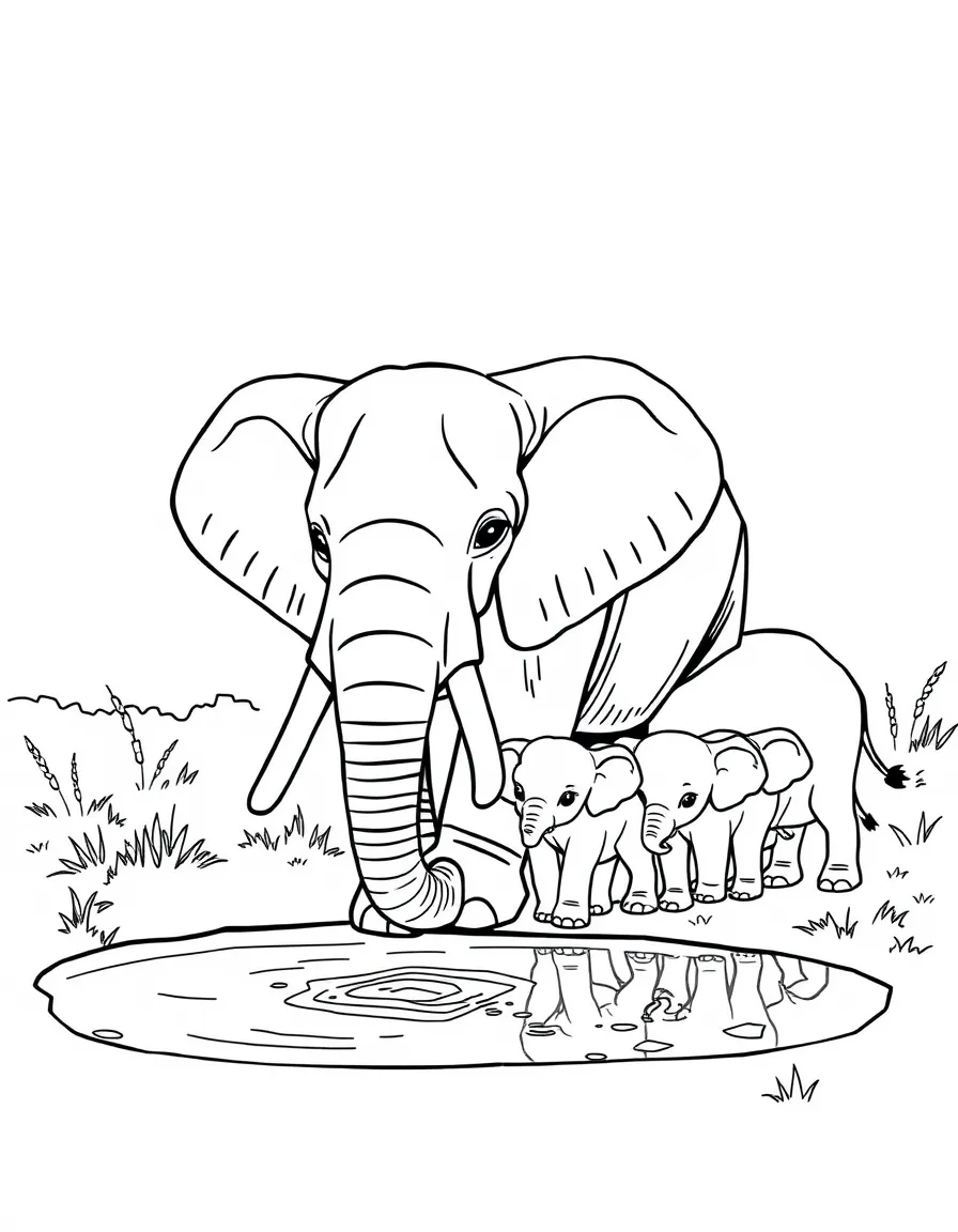 An elephant family at a watering hole.