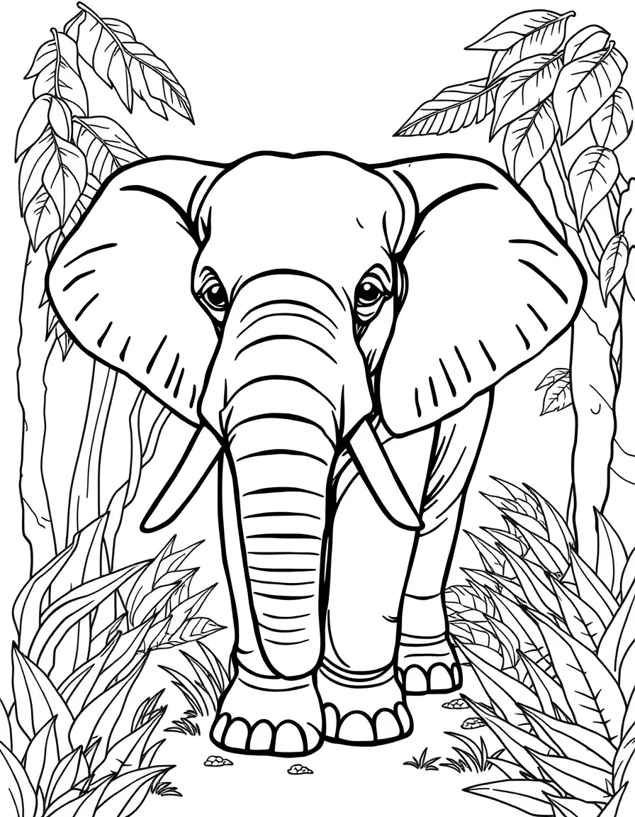 An elephant with a detailed jungle background.