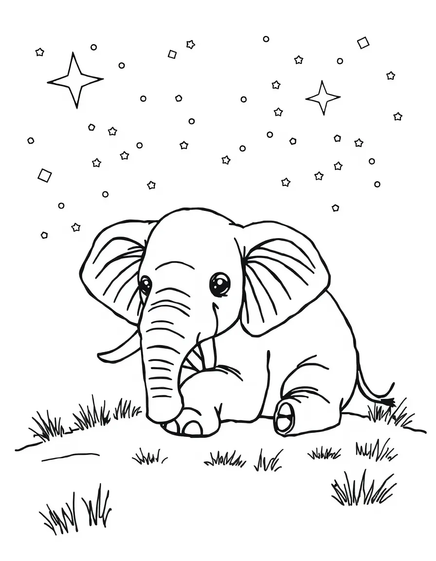 An elephant resting under a starry sky.