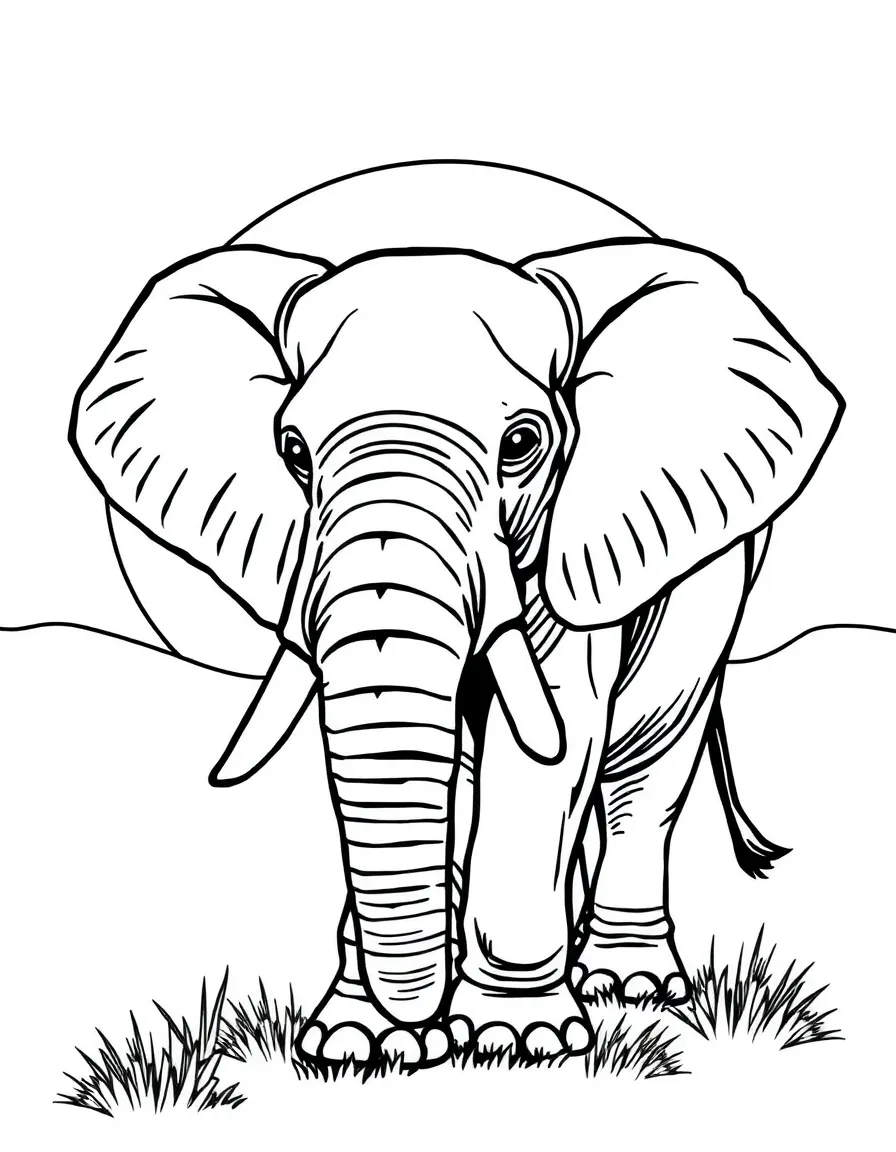 An elephant with a detailed sunset background.