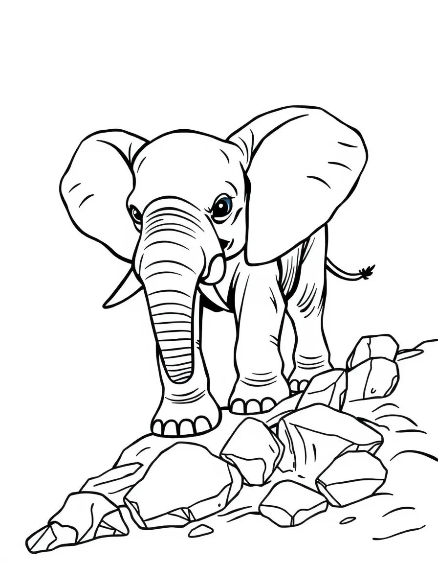 An elephant calf exploring a rocky terrain.