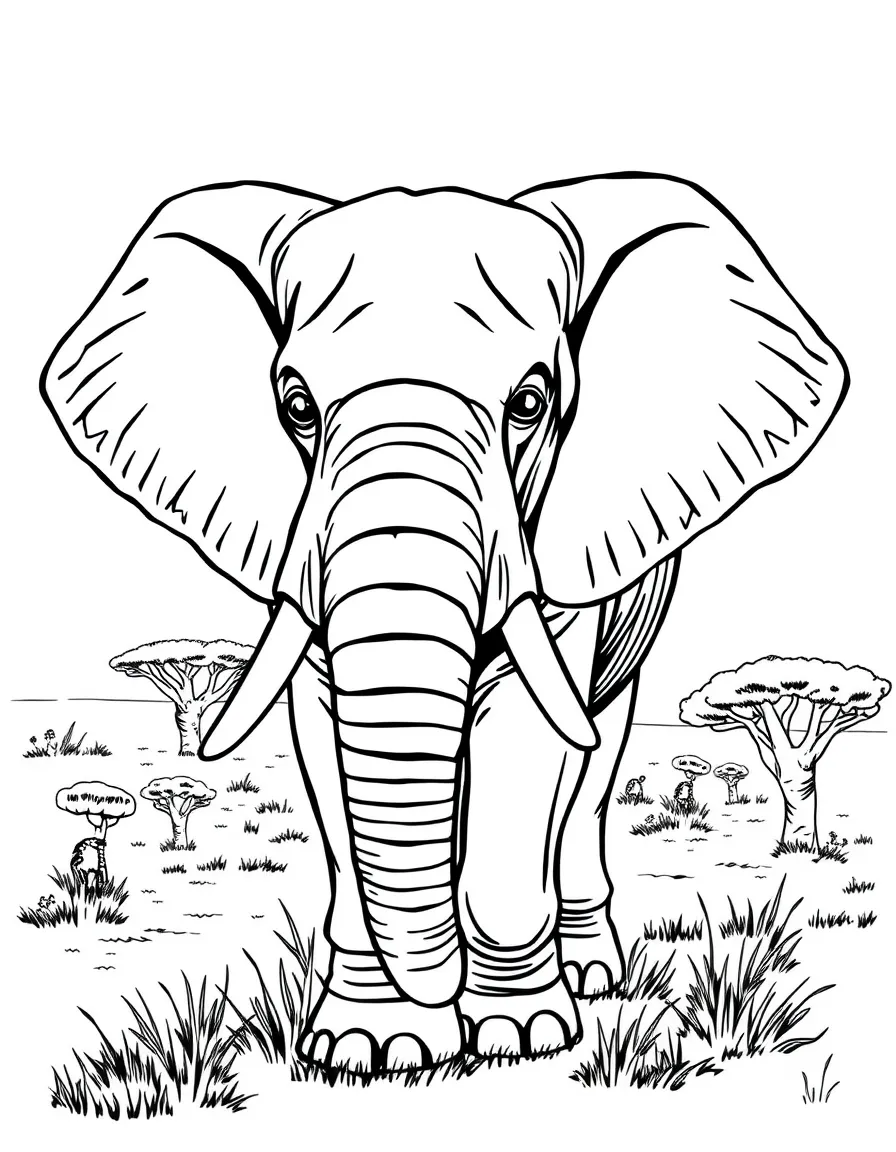 An elephant with a detailed savannah background.