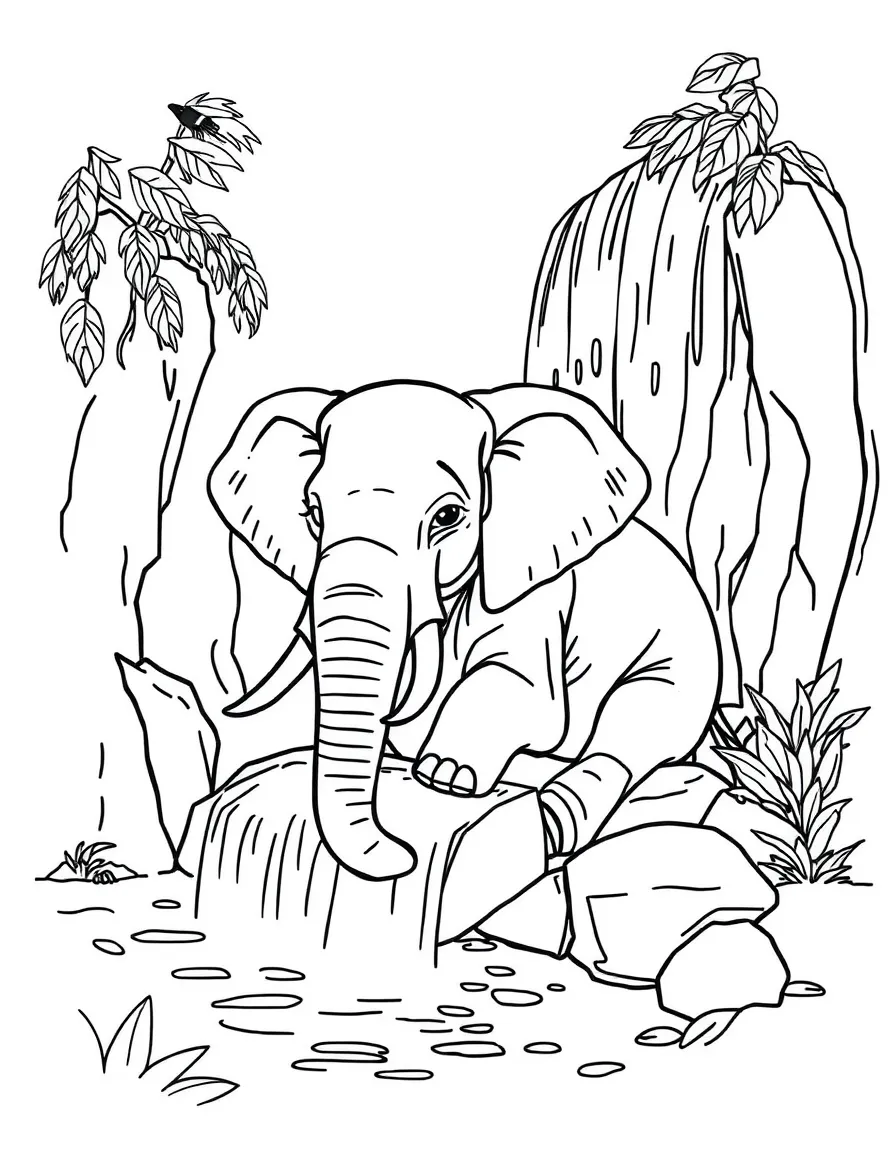 An elephant resting under a waterfall.