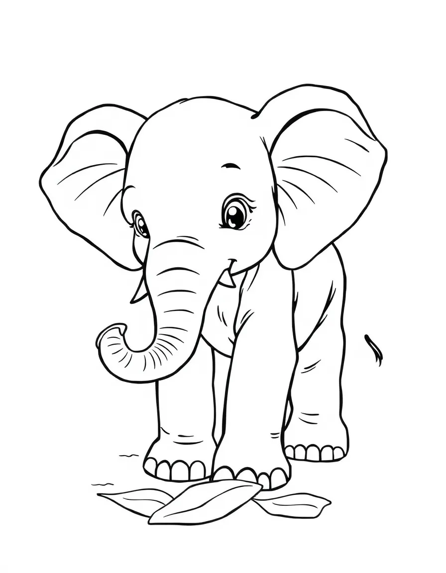 An elephant calf playing with a fallen leaf.