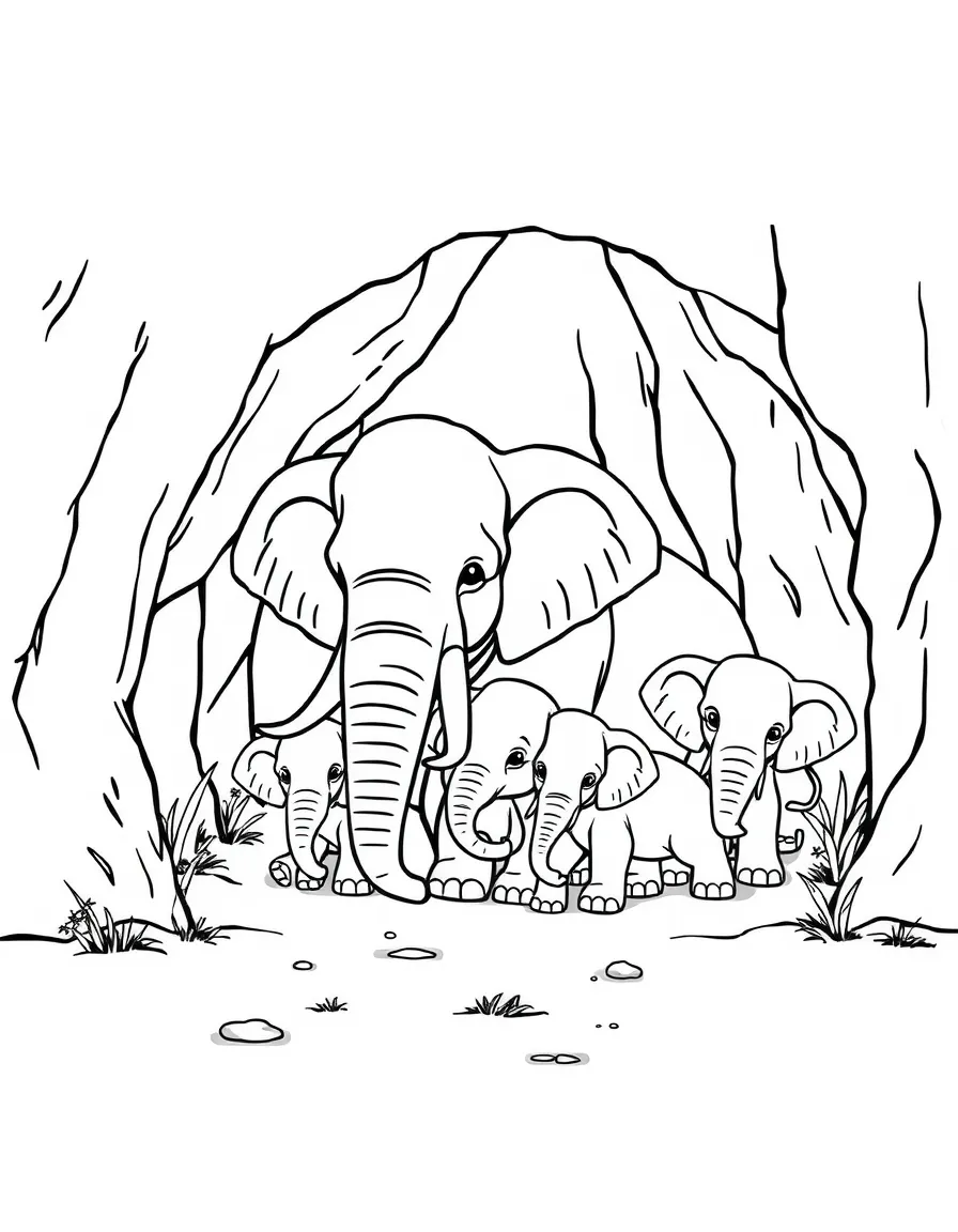 An elephant family resting in a cave.
