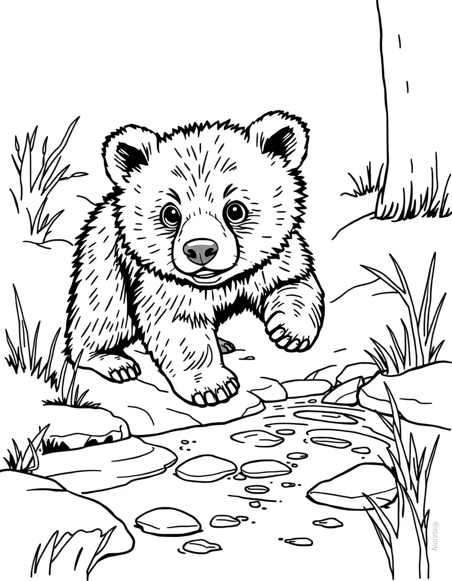 A bear cub playing in a stream.