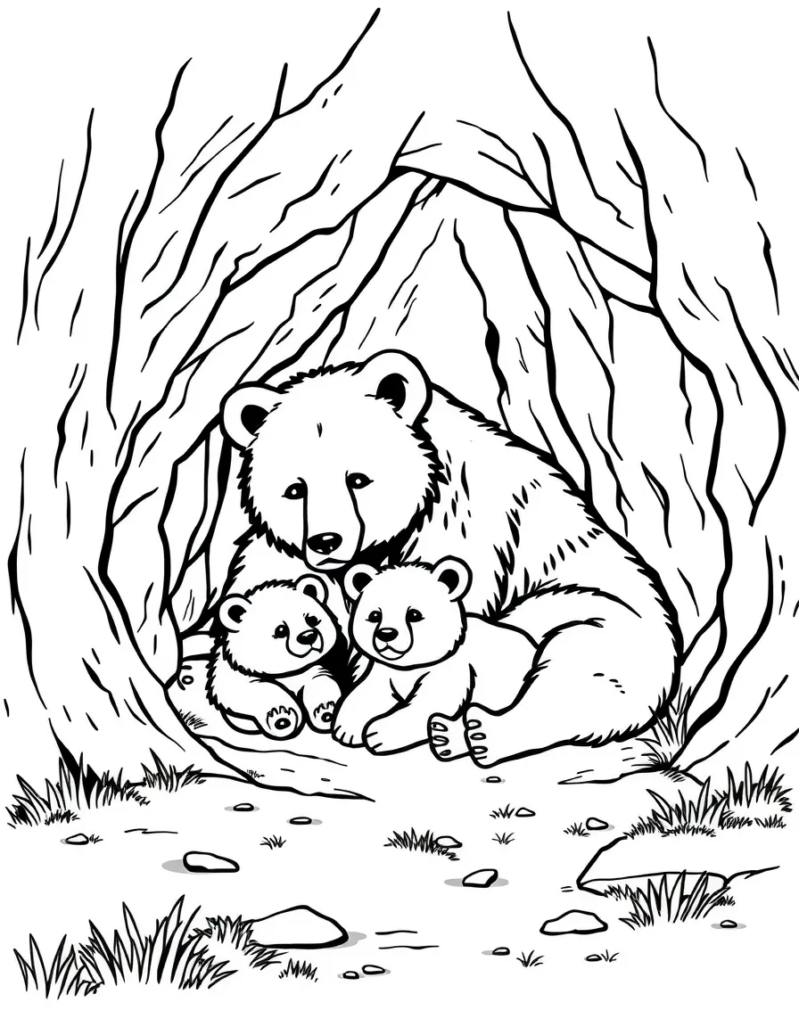 A bear family resting in a cave.