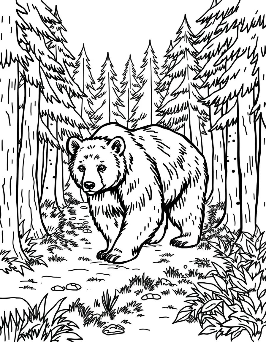 A bear walking through a dense forest.