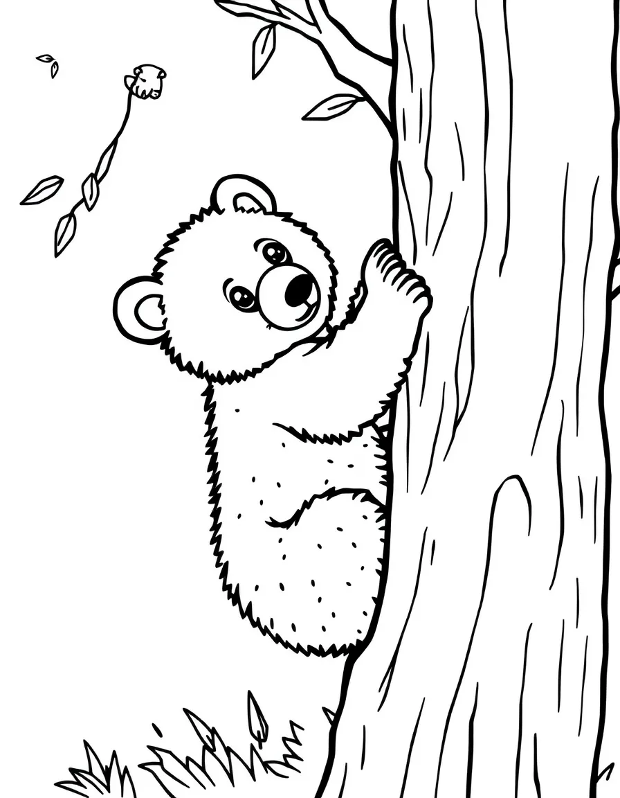 A bear cub climbing a tree.