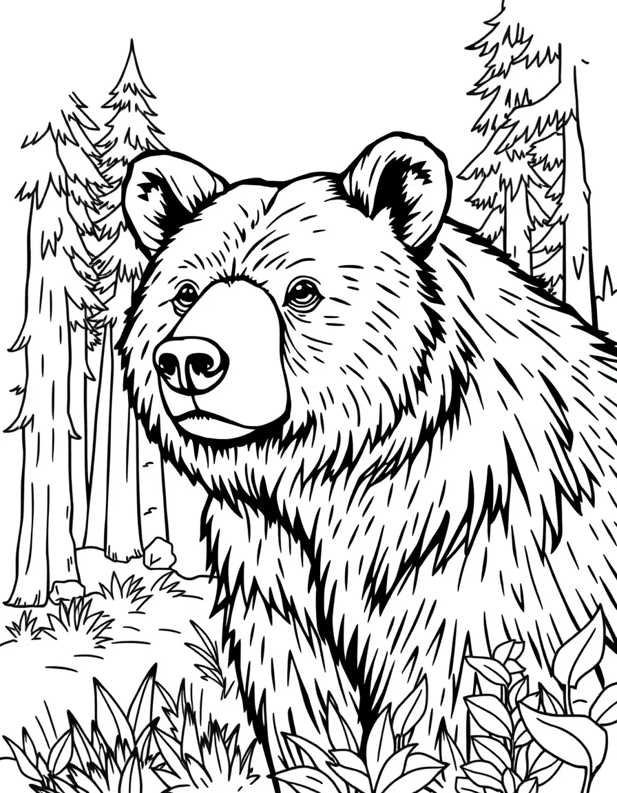 A bear with a detailed forest background.
