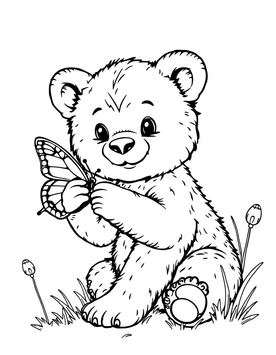 A bear cub playing with a butterfly.