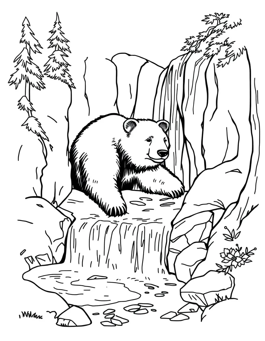 A bear resting under a waterfall.