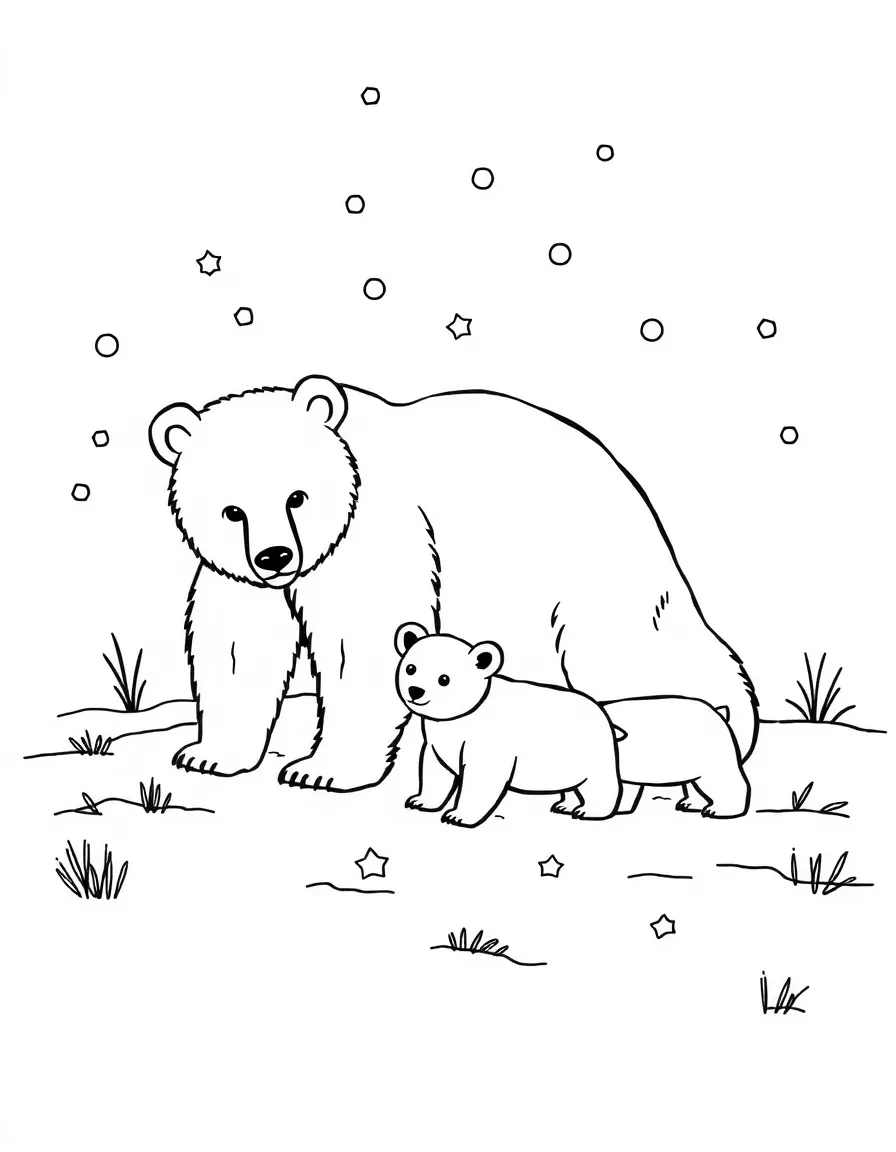 A bear family playing in the snow.