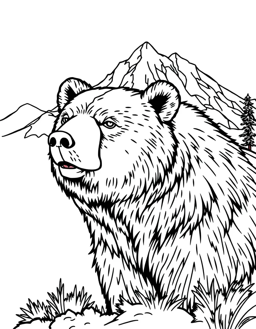 A bear with a detailed mountain background.