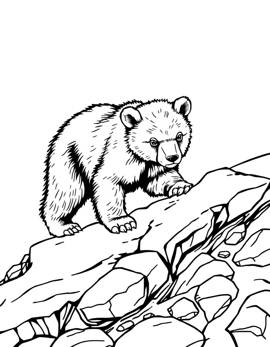 A bear cub exploring a rocky terrain.