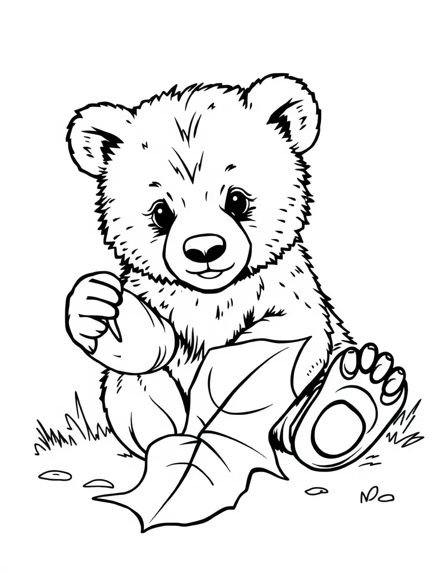 A bear cub playing with a fallen leaf.