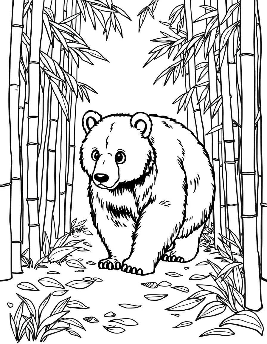 A bear walking through a bamboo forest.