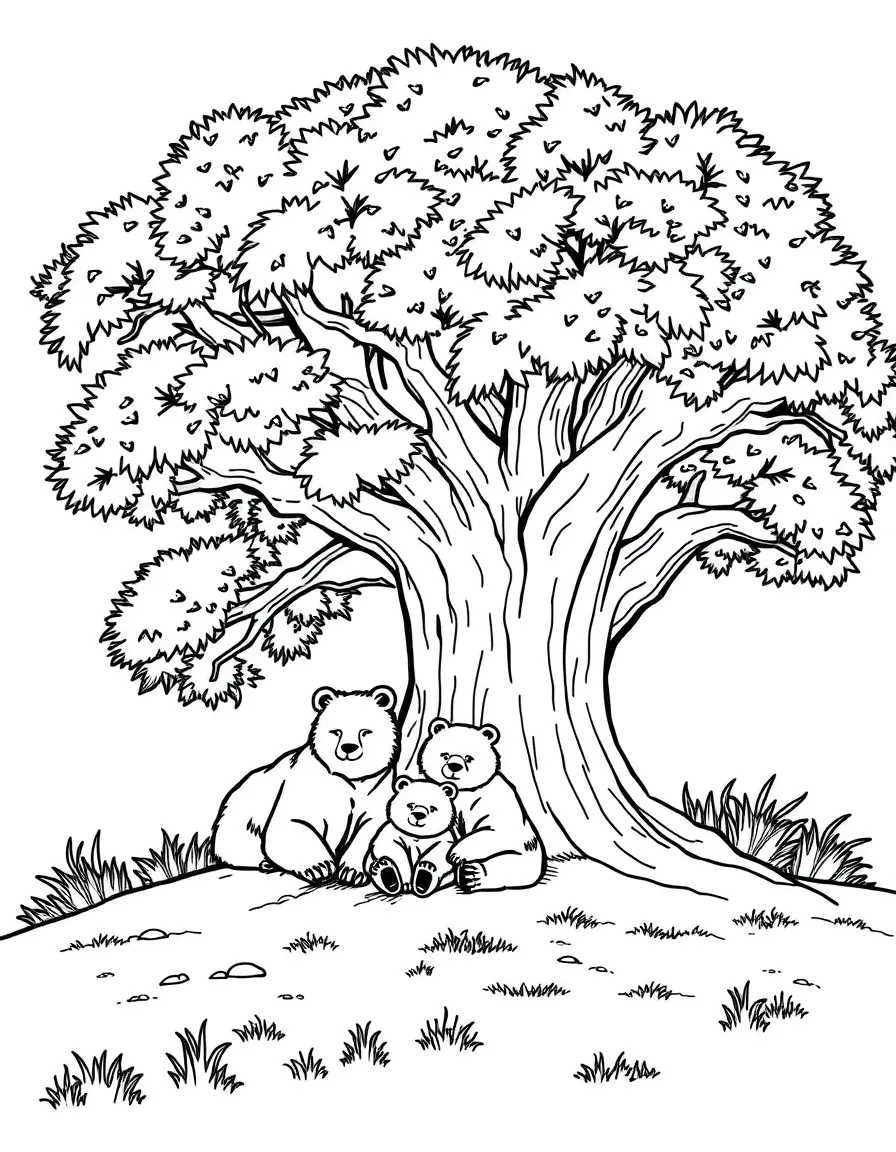 A bear family resting under a large tree.