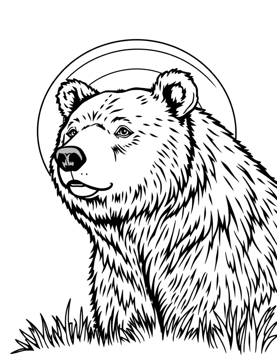 A bear with a detailed sunset background.