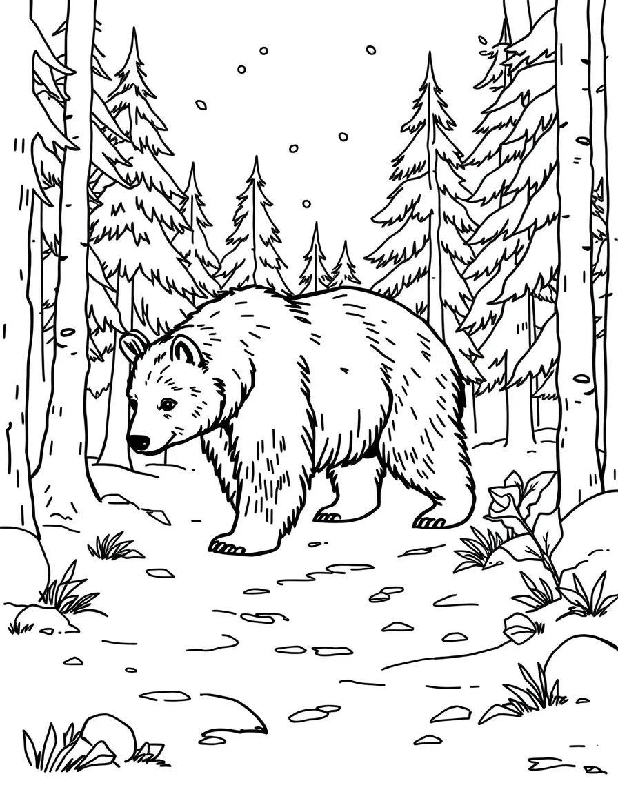 A bear walking through a snowy forest.