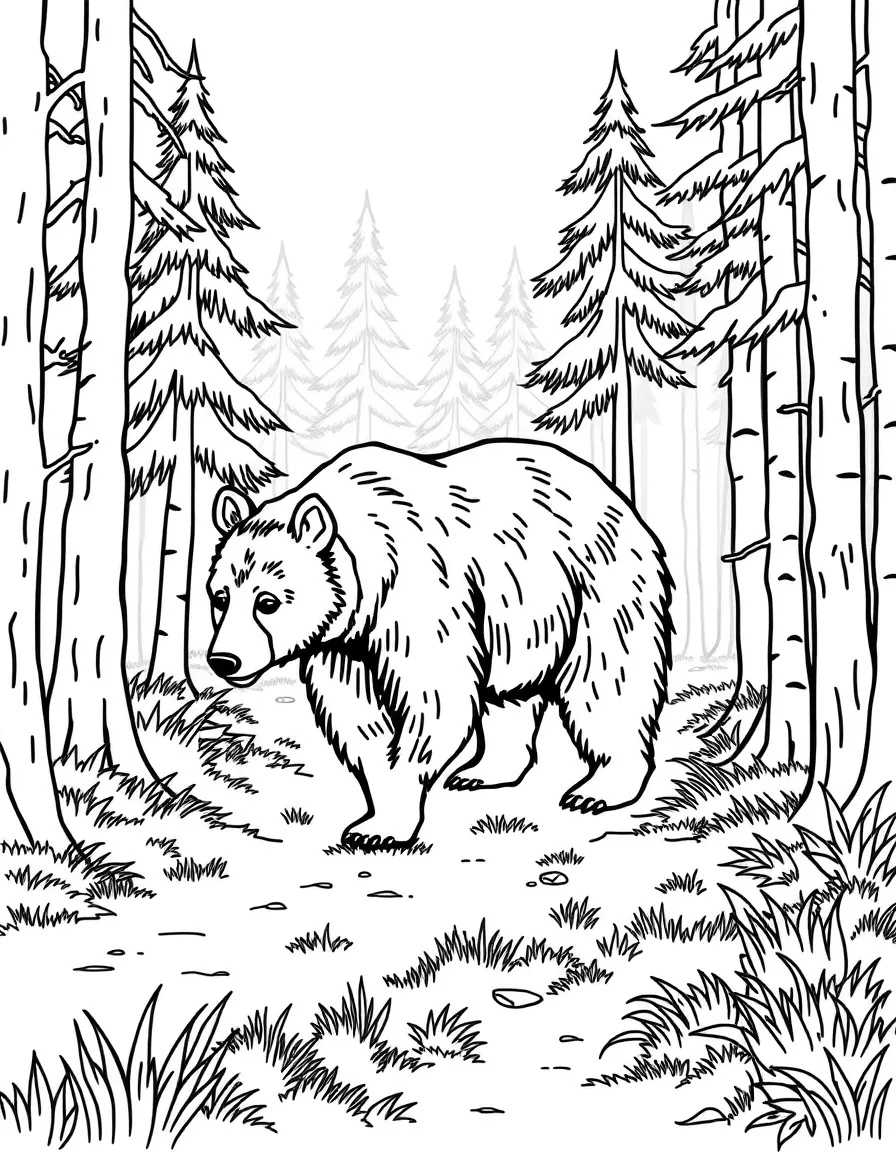 A bear walking through a misty forest.
