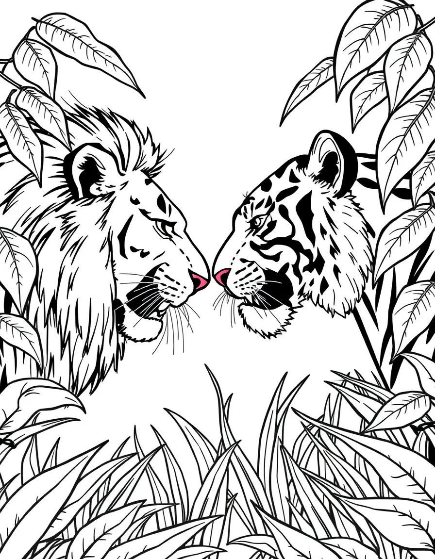 A lion and tiger facing off in the jungle.