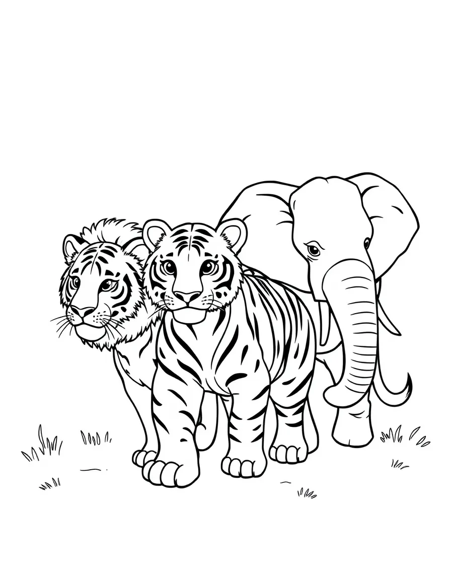 A lion, tiger, and elephant walking together.