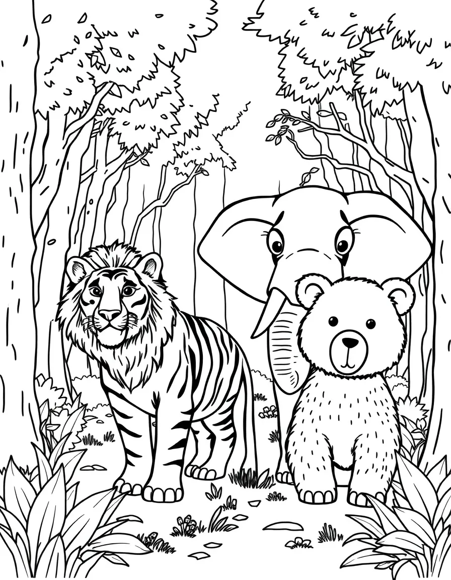 A lion, tiger, elephant, and bear in a forest.