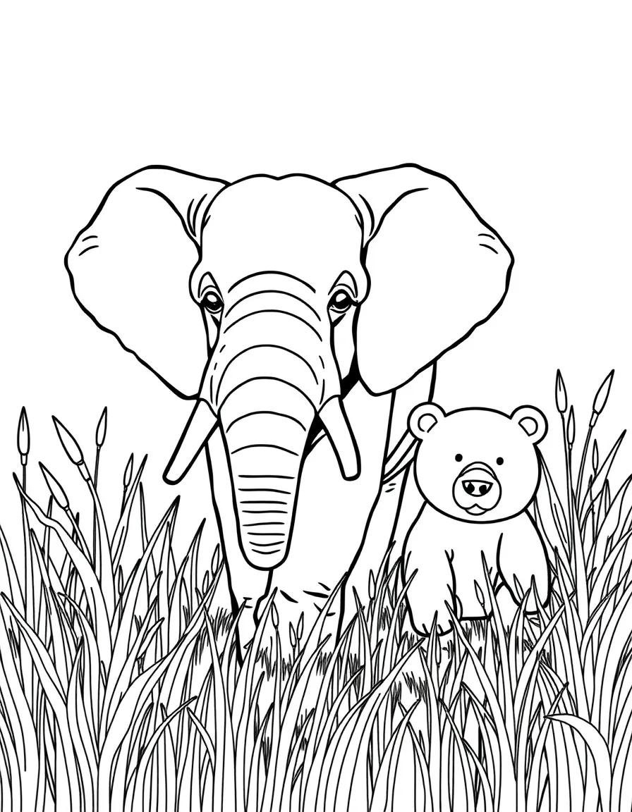 An elephant and bear walking through tall grass.