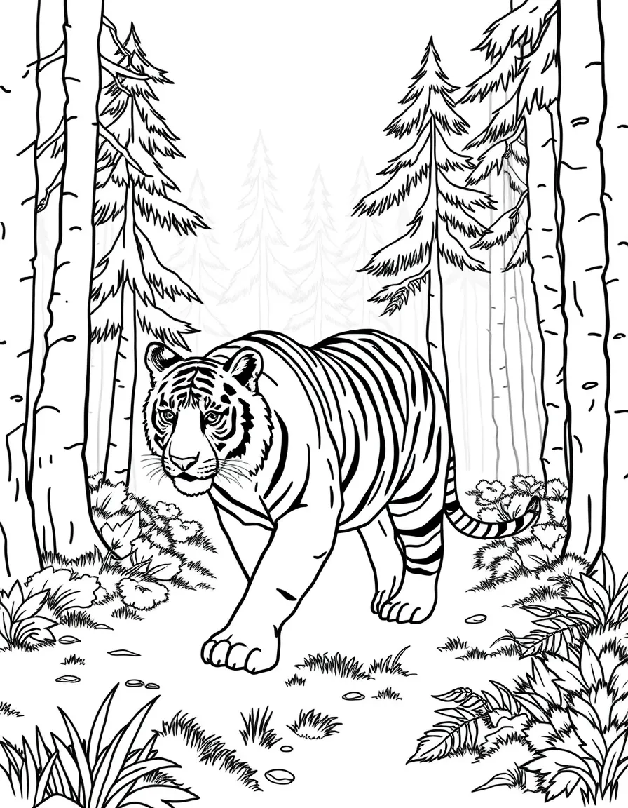 A tiger and bear walking through a misty forest.