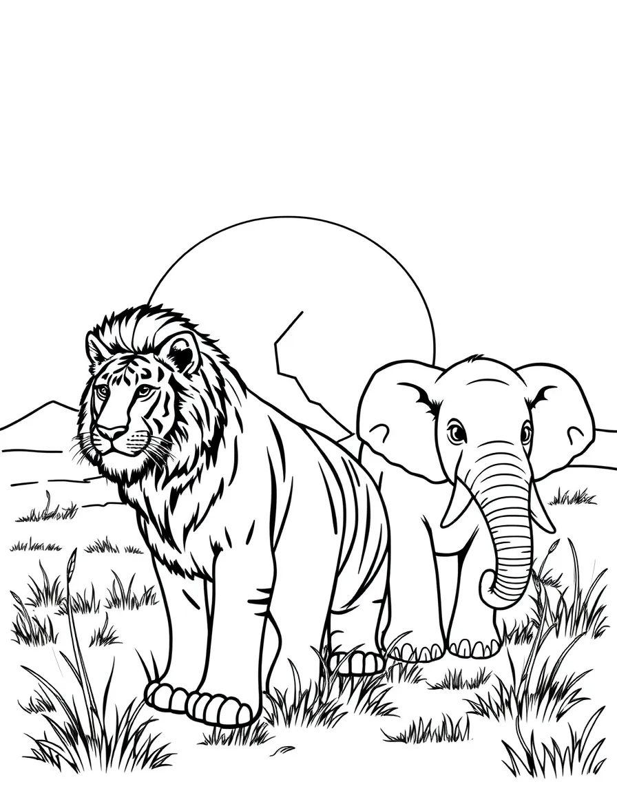 A lion, tiger, and elephant at sunset.