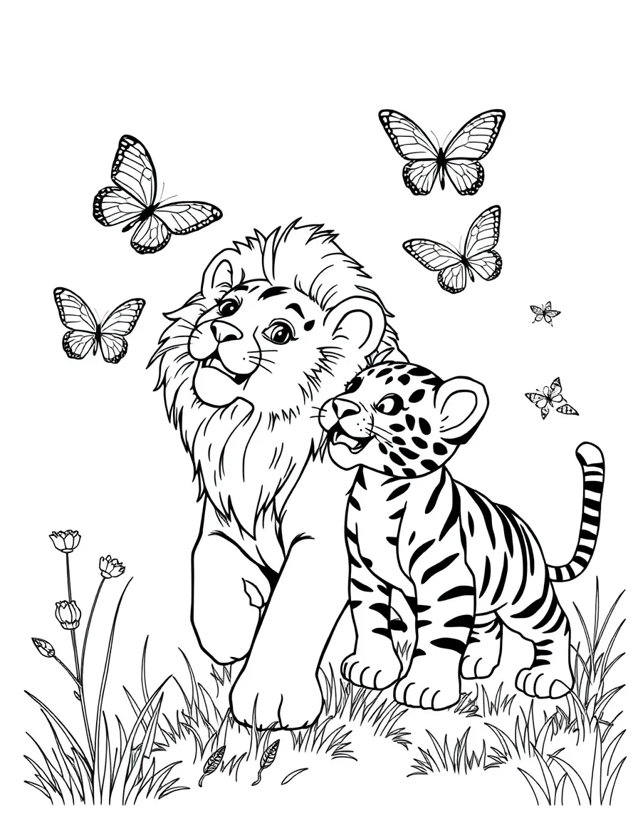 A lion and tiger cubs chasing butterflies.