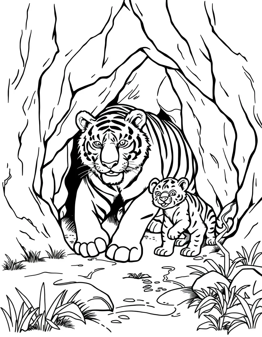 A tiger and bear cubs exploring a cave.