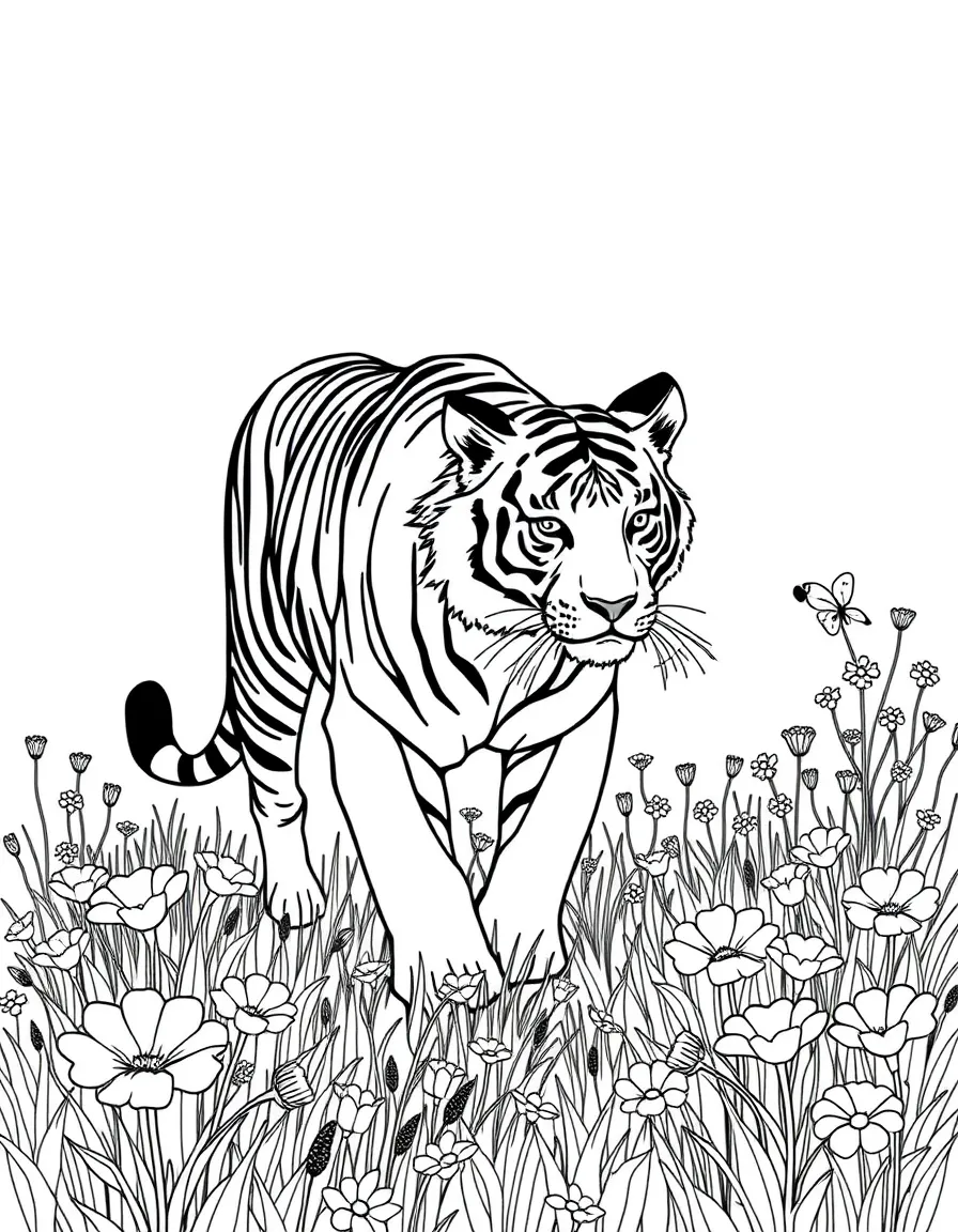A tiger walking through a field of flowers.